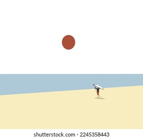 Man surfer carrying surfboard on head on sandy beach coast. Extreme water sport. Summer vacation. Sunny day. healthy people lifestyle