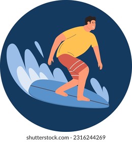 Man surfer catch wave standing on surfboard. Surfing extreme active sport round emblem template. Vector illustration in flat cartoon style