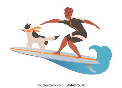 Man Surfer Character on Surf Board with Dog Riding Moving Wave of Water Vector Illustration
