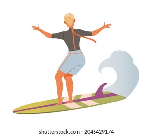 Man Surfer Character on Surf Board Riding Moving Wave of Water Vector Illustration
