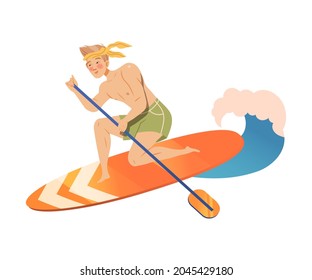 Man Surfer Character on Surf Board Standup Paddleboarding Vector Illustration