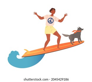 Personaje de hombre surfista en tabla de surf con riding de perros con ola móvil de vectores de agua Ilustración
