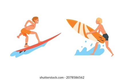 Man Surfer Character on Surf Board Riding Moving Wave of Water Vector Se