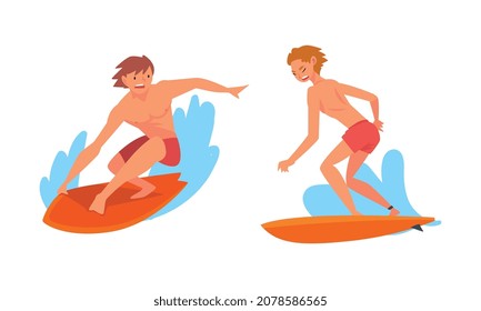 Man Surfer Character on Surf Board Riding Moving Wave of Water Vector Se