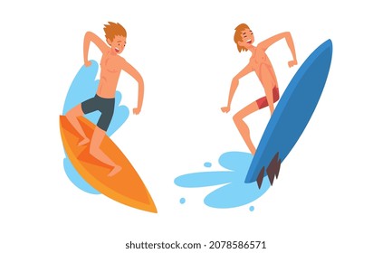 Man Surfer Character on Surf Board Riding Moving Wave of Water Vector Se