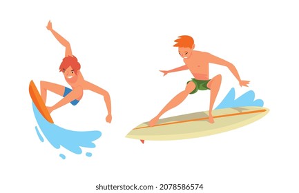 Man Surfer Character on Surf Board Riding Moving Wave of Water Vector Se