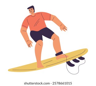 Man Surfer Character with Surfboard Ride Ocean Wave Vector Illustration