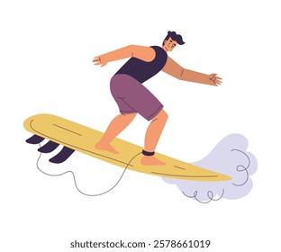 Man Surfer Character with Surfboard Ride Ocean Wave Vector Illustration