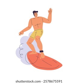 Man Surfer Character with Surfboard Ride Ocean Wave Vector Illustration