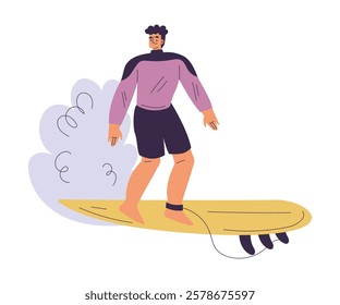 Man Surfer Character with Surfboard Ride Ocean Wave Vector Illustration