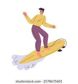 Man Surfer Character with Surfboard Ride Ocean Wave Vector Illustration