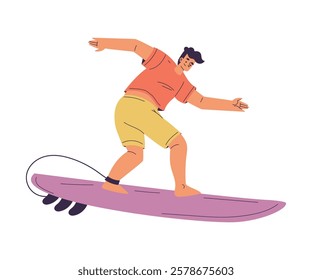 Man Surfer Character with Surfboard Ride Ocean Wave Vector Illustration