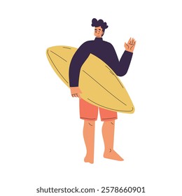 Man Surfer Character with Surfboard Standing Vector Illustration