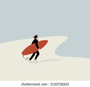 Man surfer with his surfboard running to the waves activity on summer vacation. Surfing action water board sport. Colorful flat cartoon vector illustration.