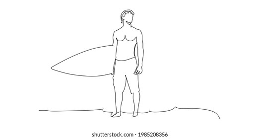 Man Surfer Holdong Surfboard At The Beach - Continuous One Line Drawing