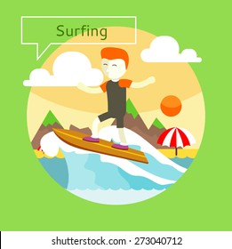 Man surfer on blue ocean wave in tube getting barreled in flat design. Can be used for web banners, marketing and promotional materials, presentation templates 