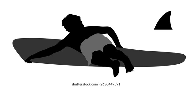 Man surfer on surf board in danger of shark attack, life treat vector silhouette illustration isolated. Beach boy swimming surfing outdoor sport activity. Kid swimmer summer enjoy in water sea, ocean.