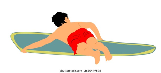 Homem surfista na ilustração vetor de prancha de surf isolado. Verão desfrutar de banhos de sol na água do mar. Kid nadador ao ar livre jogo em ondas do oceano. Atividade de esportes de praia para nadar, aprender a surfar.