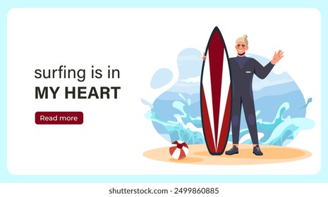 Man surfer poster. Young guy in swimming suit with surfboard. Active lifestyle and extreme sports. Hobby and leisure in tropical countries. Landing webpage design. Flat vector illustration