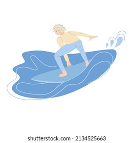 Man surfer rides on wave. Happy wave rider in swimwear on surfboard. Summer water activity flat vector illustration