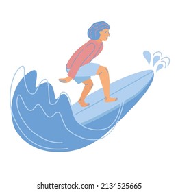 Man surfer rides on wave. Happy wave rider in swimwear on surfboard. Summer water activity flat vector illustration