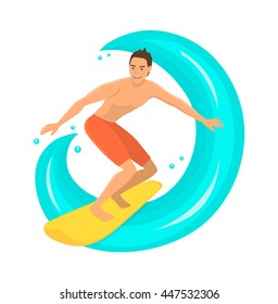 Man surfer riding the wave on surfboard . Summer Beach Water Sports Activities. 