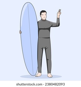 Man surfer standing holding surfer board smiling