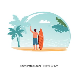 Man surfer standing on sand and holding surfboard vector flat illustration. Happy guy in swimwear looking on wave at sea or ocean from beach. Summer vacation, holiday trip. Male spending time alone