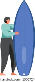 Man surfer standing with surfboard, vector flat illustration isolated on white background. 