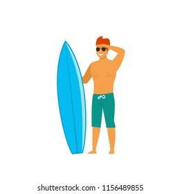 man surfer standing with surfboard waiting watching the waves vector illustration