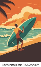 man surfer surfing on big wave in beautiful ocean beach on summer flat color vector