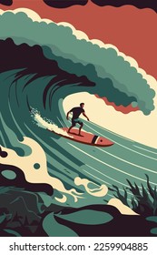 man surfer surfing on big wave in beautiful ocean beach on summer flat color vector