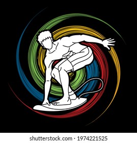 Man Surfer Surfing Sport Action Cartoon Graphic Vector