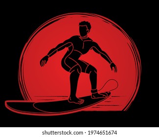 Man Surfer Surfing Sport Action Cartoon Graphic Vector