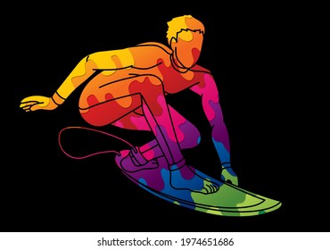 Man Surfer Surfing Sport Action Cartoon Graphic Vector