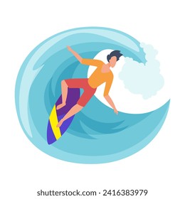 Man surfer in swimwear surfing on surfboard in sea or ocean blue wave vector illustration