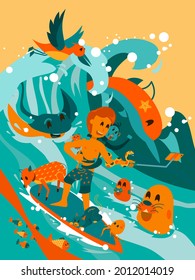 Man surfing with animals. Using green and orange colors as main color pallete