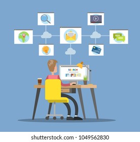 Man surfing the Internet. Browsing and chatting, studying and working.