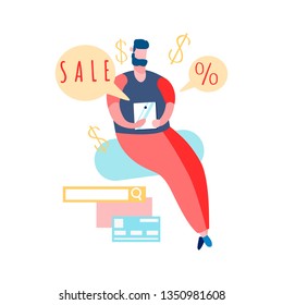 Man Surfing Internet Cartoon Vector Illustration. Client Making Payment Using Debit Card. Customer Choosing Best Price. Flat Character Making Online Order at Home. Guy Selling, Buying Goods