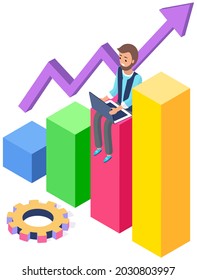 Man surfing internet, designs and creates application for smartphone. Development of new functions for phones. Businessman with computer, gear and success graph analyzes growth of statistics