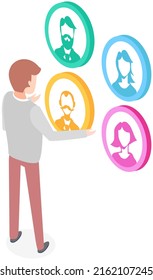 Man surfing internet, interacting in social media with avatar profile icons including male and female. Round icons with head symbol of various people in web forums, messengers, chats, portals, blogs