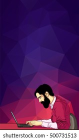 Man surfing internet. Man with laptop in office. Character designer man in hackathon. Web development of man. Flat vector man network in web development on laptop. Vertical banner of web development