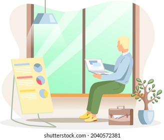 Man surfing internet, looking for information and sitting near window in office. Character working and communicating through network on laptop. Freelance, young person makes money by remote work