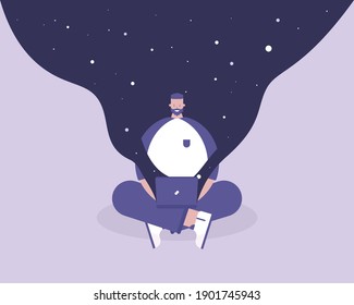 A Man surfing internet, web is universe. Vector illustration  for telework, remote working and freelancing concept, business, start up