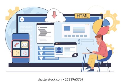 Man surfing internet. Young guy with laptop searches for information on Internet. Online knowledge. Website with graphs and charts, article. Linear vector illustration