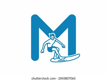 Man surfing line art illustration with M initial letter design