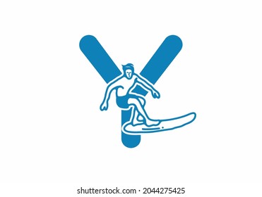 Man surfing line art illustration with Y initial letter design