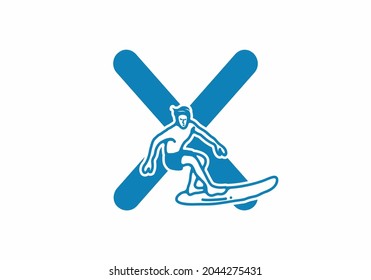 Man surfing line art illustration with X initial letter design