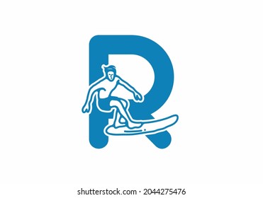 Man surfing line art illustration with R initial letter design