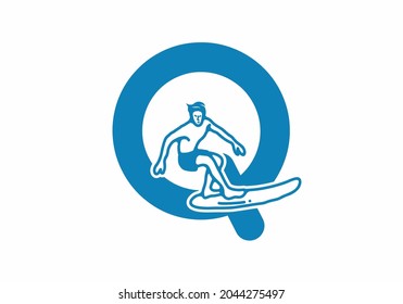 Man surfing line art illustration with Q initial letter design